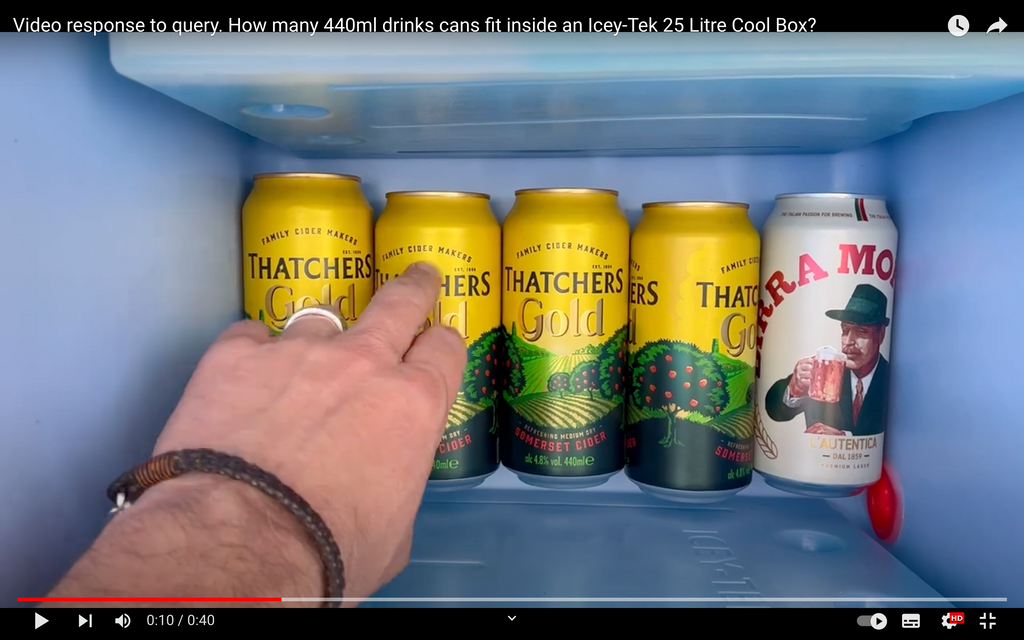 Video response to query. How many 440ml drinks cans fit inside an Icey-Tek 25 Litre Cool Box?